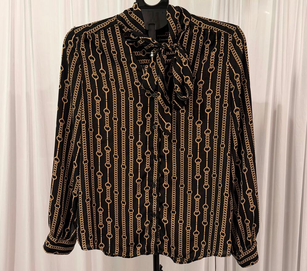 Banana Republic Women Blouse Black Gold Chain Print Tie Neck Long Sleeve Size M